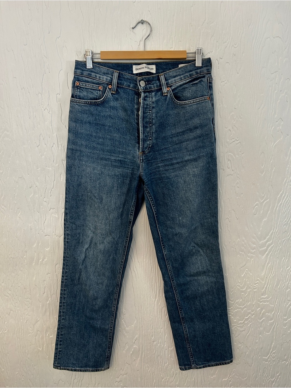 DENIM FORUM The Arlo High Rise Straight Leg Jeans 29 Blue Medium Wash Button Fly